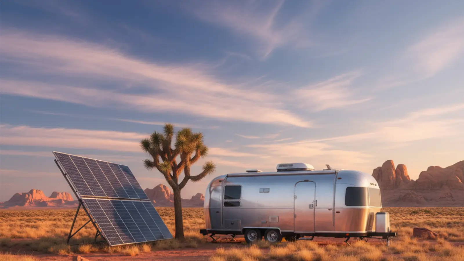 Small cabin or trailer under a vast sky with a solar array, soft light, quiet confidence.