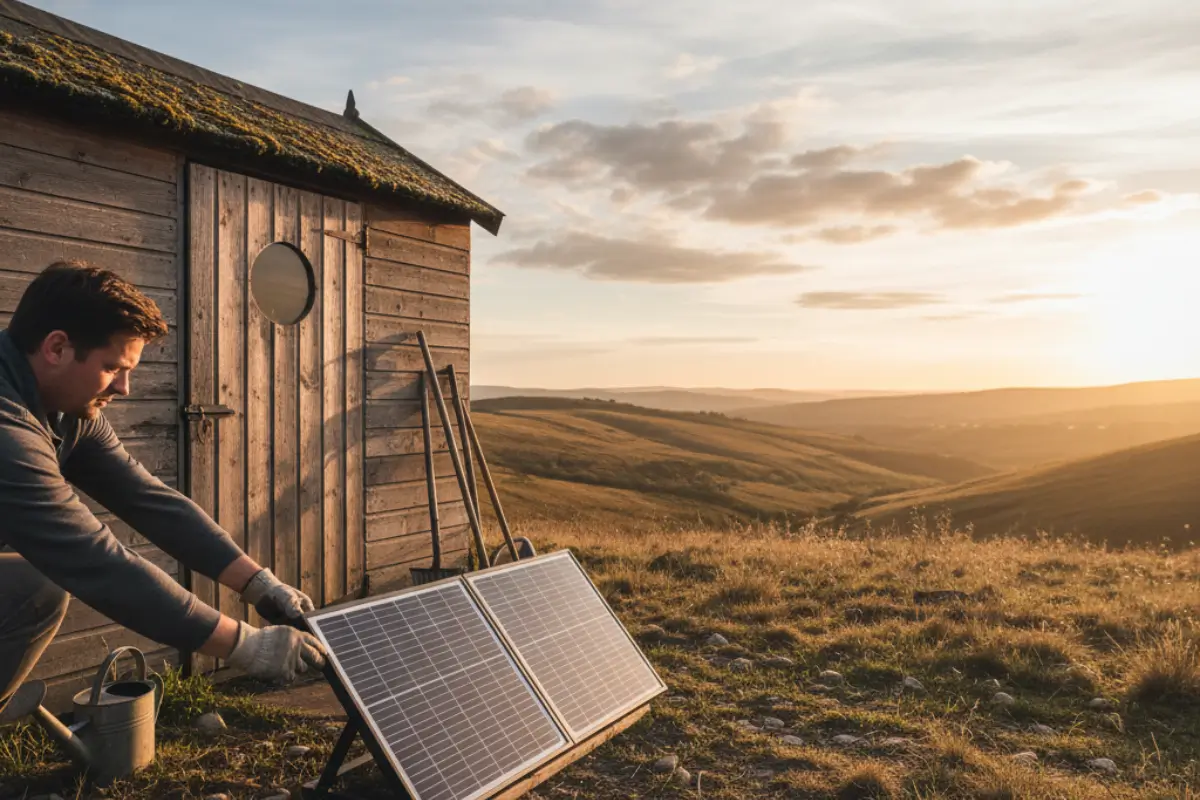 Hands adjusting a compact solar setup beside a garden shed, natural light.
