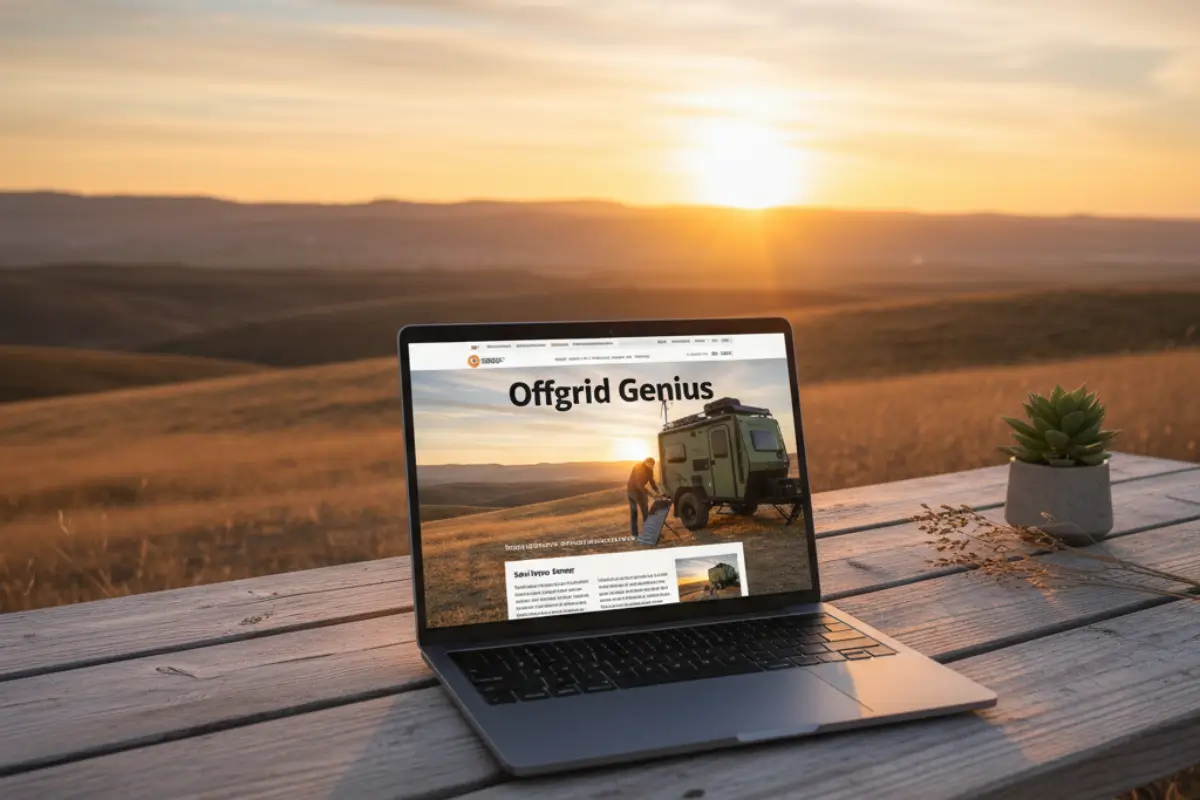 Open laptop on a rustic desk beside a coffee mug and notebook, showing a clean Offgrid Genius newsletter layout.