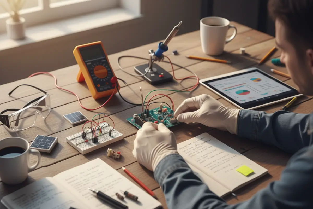 Research notes, tools, and measuring instruments on a wooden table — hands mid-experiment.