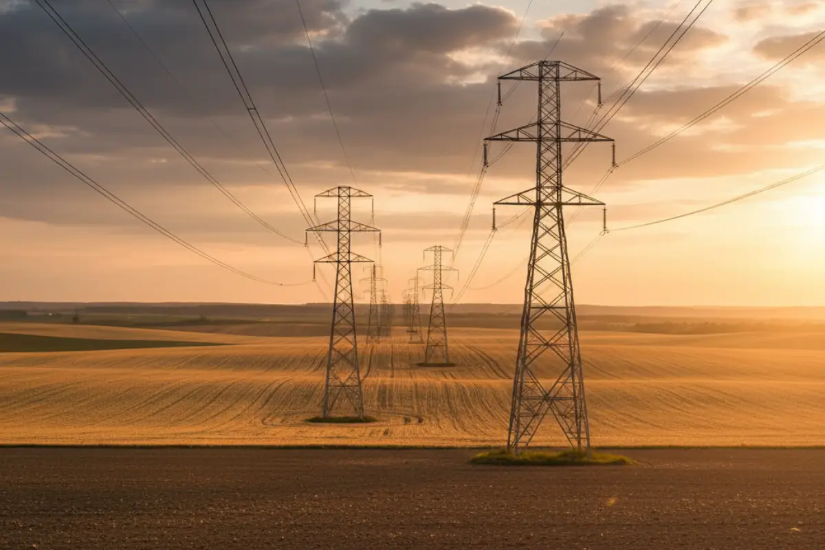 Power lines fading into the horizon over farmland, symbolising reliance and resilience.