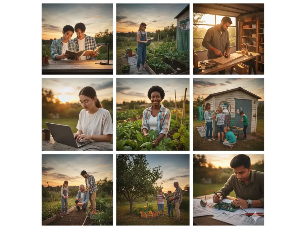 Collage of diverse people learning, gardening, and working on practical home projects.