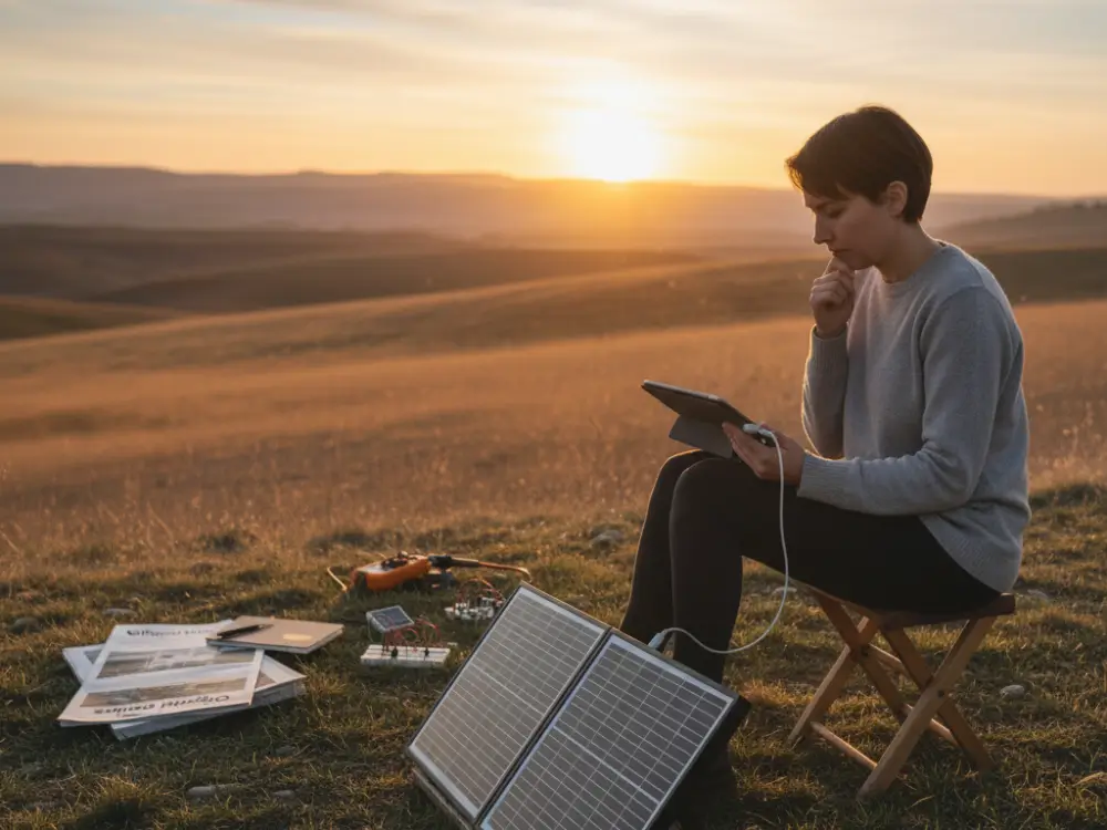 A thoughtful writer outdoors with a tablet and solar charger, surrounded by research tools.